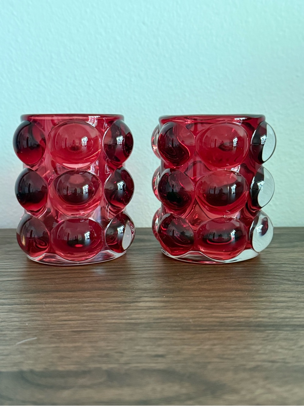 Red Hobnail Glass Candle Holders Set of 2 | Bubble Glass Votives | Karma Lucia